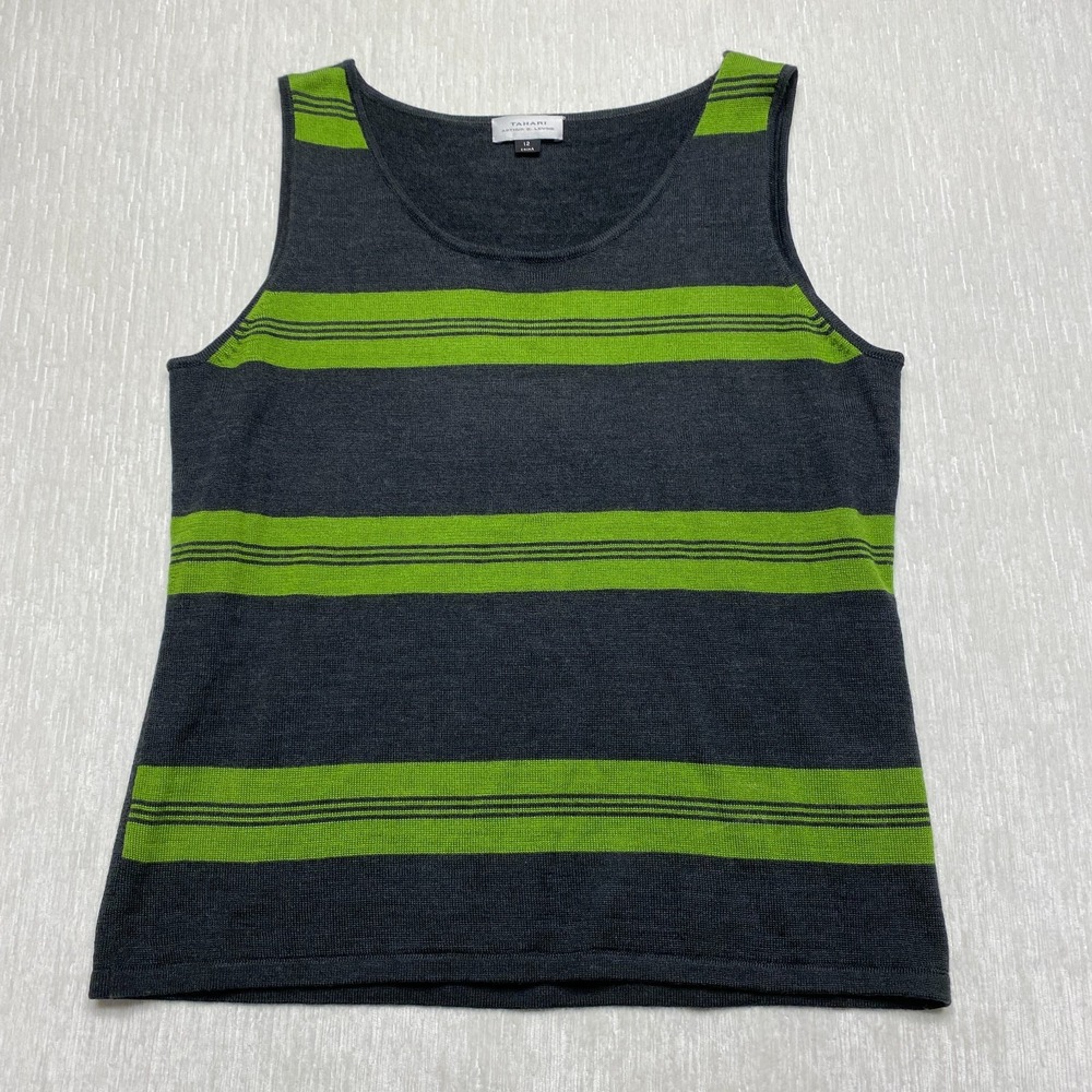 Tahari Arthur S. Levine Tank Wool Blend Womens 12 Gray Green Striped Knit Shell